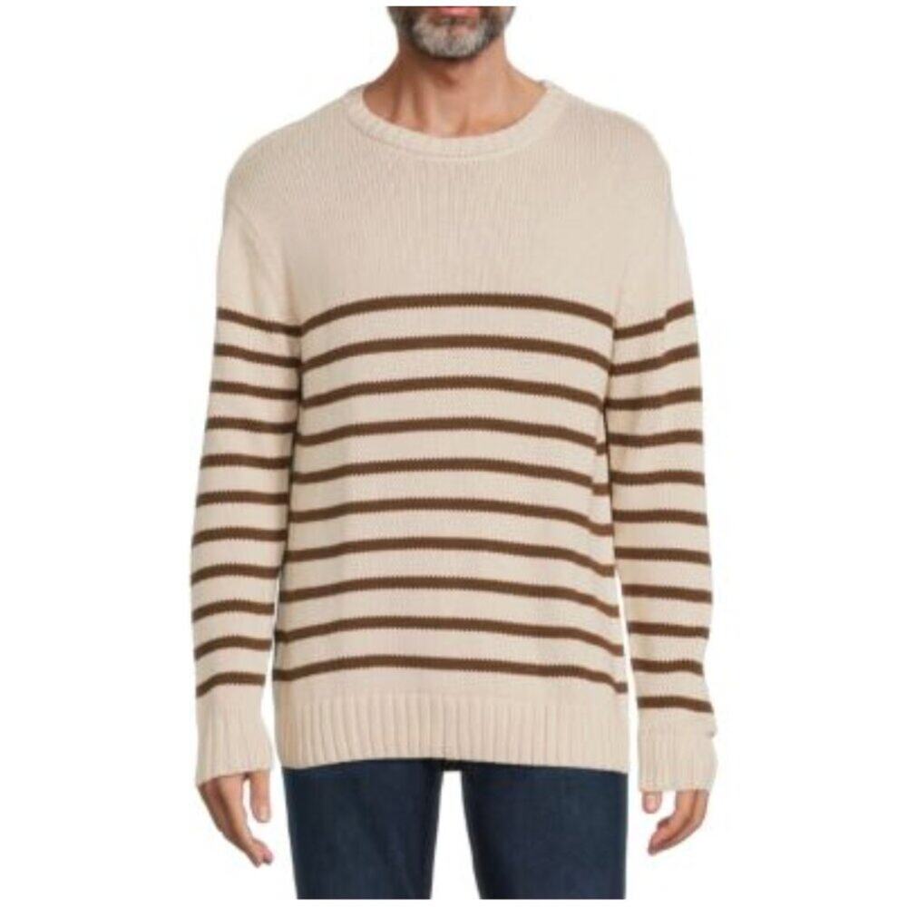 Onia Cream & Brown Striped Cotton Crewneck Sweater